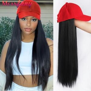 NEW - Chic Red Baseball Cap with Long Blonde Straight Synthetic Hair Ext…